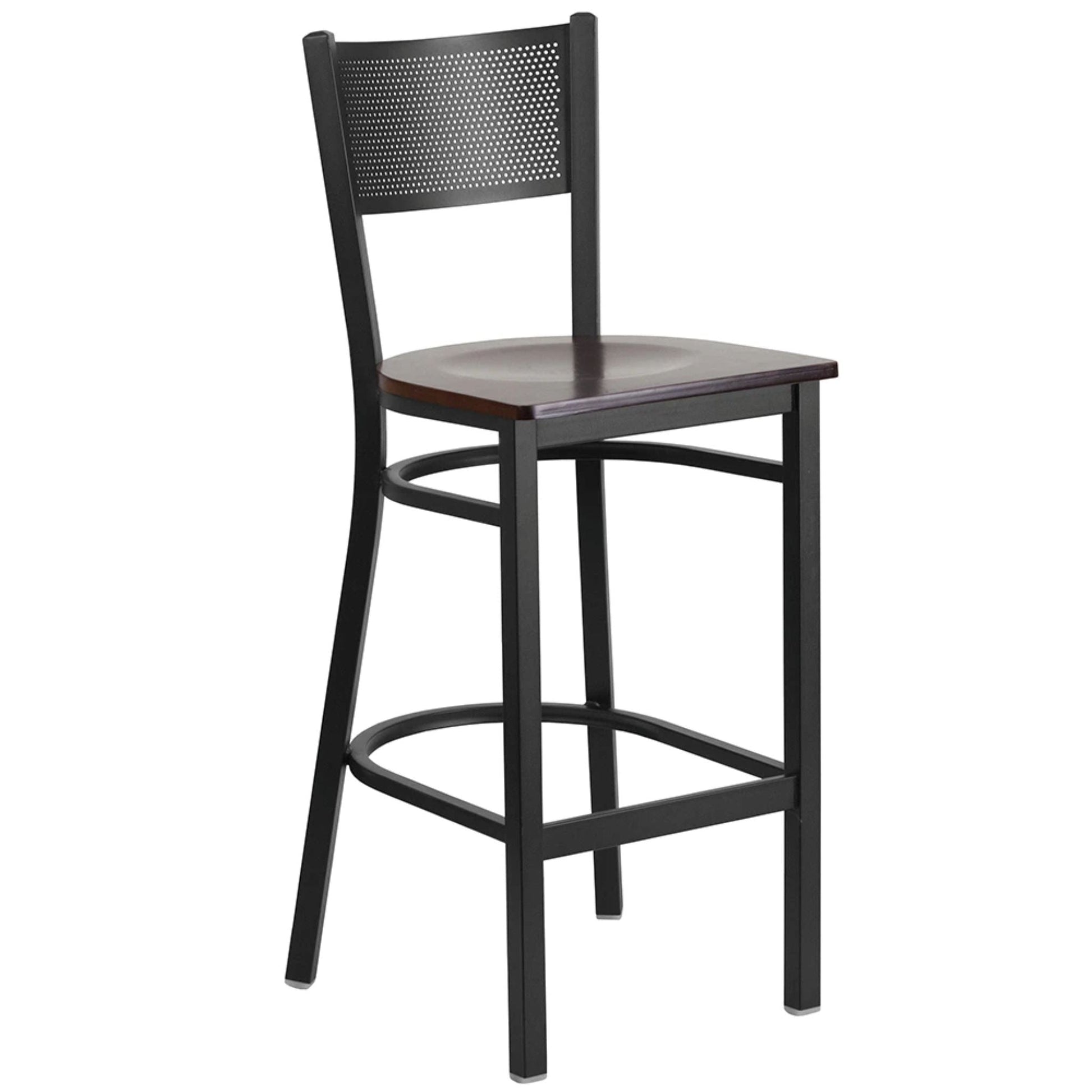 Restaurant grid back barstool with walnut wood seat and black powder-coated frame