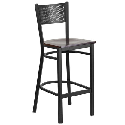 Restaurant grid back barstool with walnut wood seat and black powder-coated frame