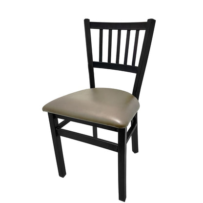 Dining chair with wood frame and gunmetal vinyl seat.