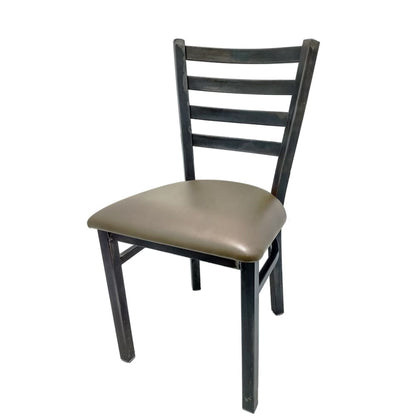 Rustic ladderback metal dining chair with clear coat steel frame and gunmetal vinyl seat.
