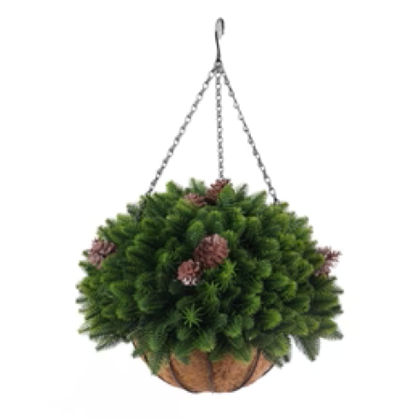 Artificial cedar pine cone hanging basket with UV-resistant greenery