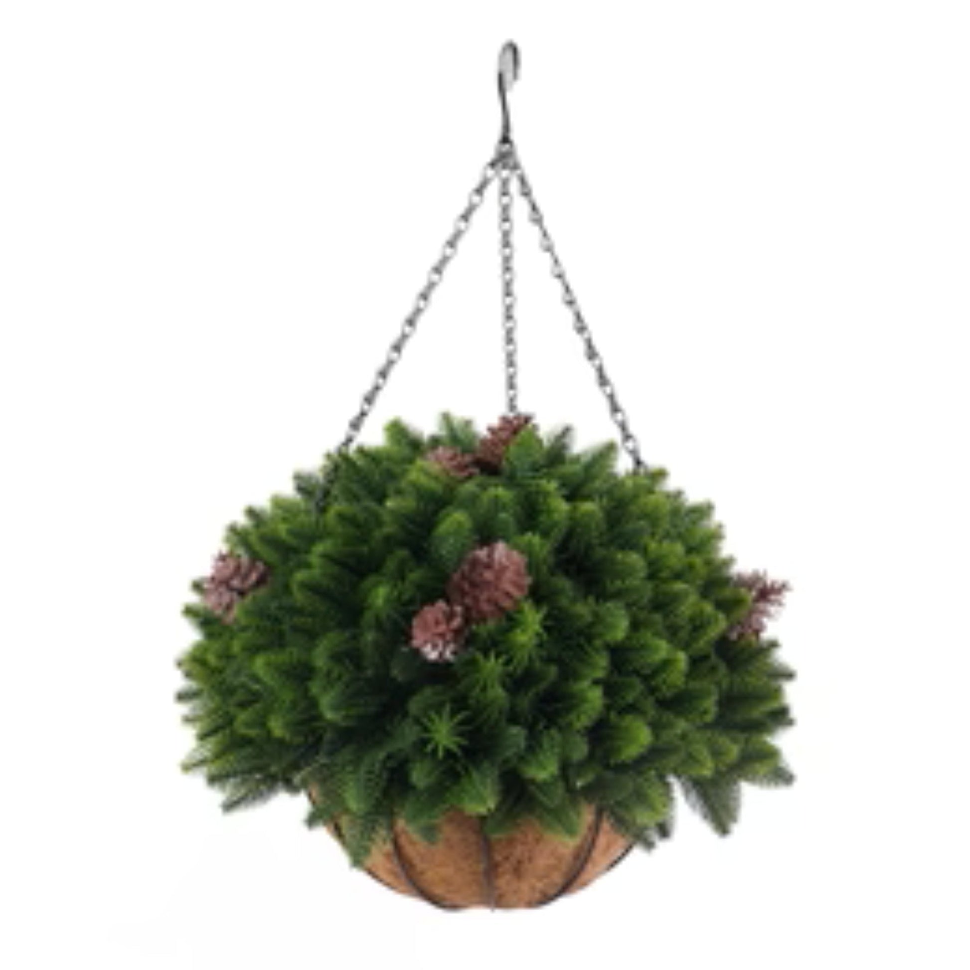 Artificial cedar pine cone hanging basket with UV-resistant greenery