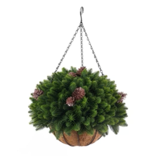 Artificial cedar pine cone hanging basket with UV-resistant greenery