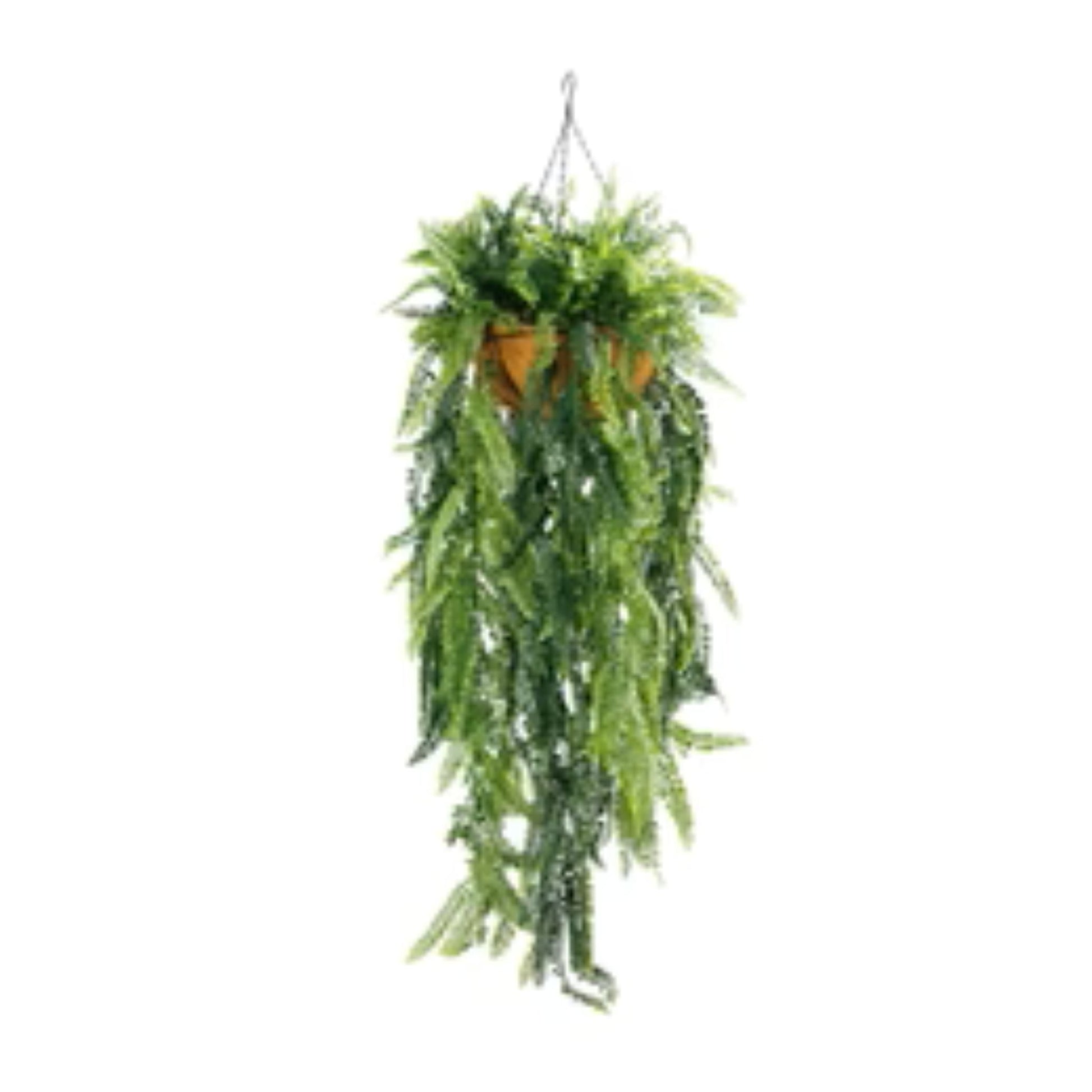 Artificial hanging fern basket with cascading UV-resistant foliage