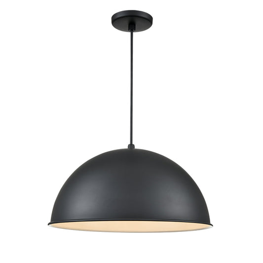 Black half-dome industrial pendant light made from aluminum, shown with downward-focused illumination for use in restaurants and bars.

