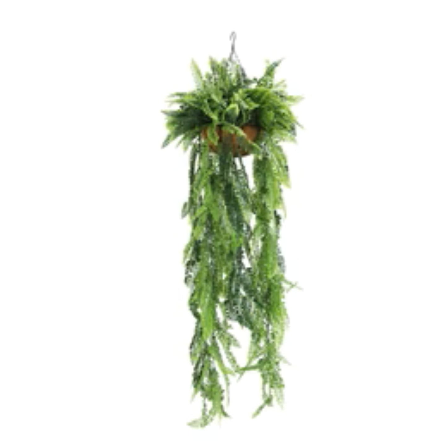 Artificial hanging fern basket with cascading green foliage