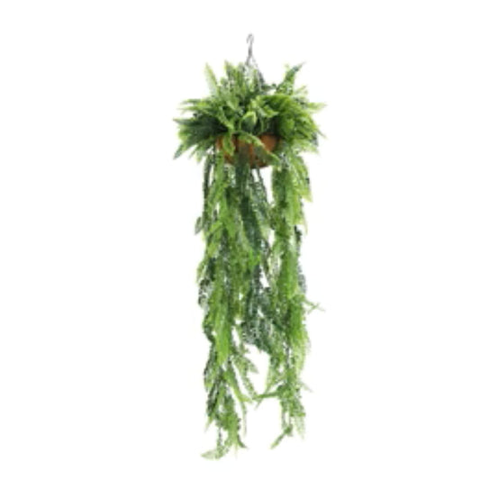 Artificial hanging fern basket with cascading green foliage