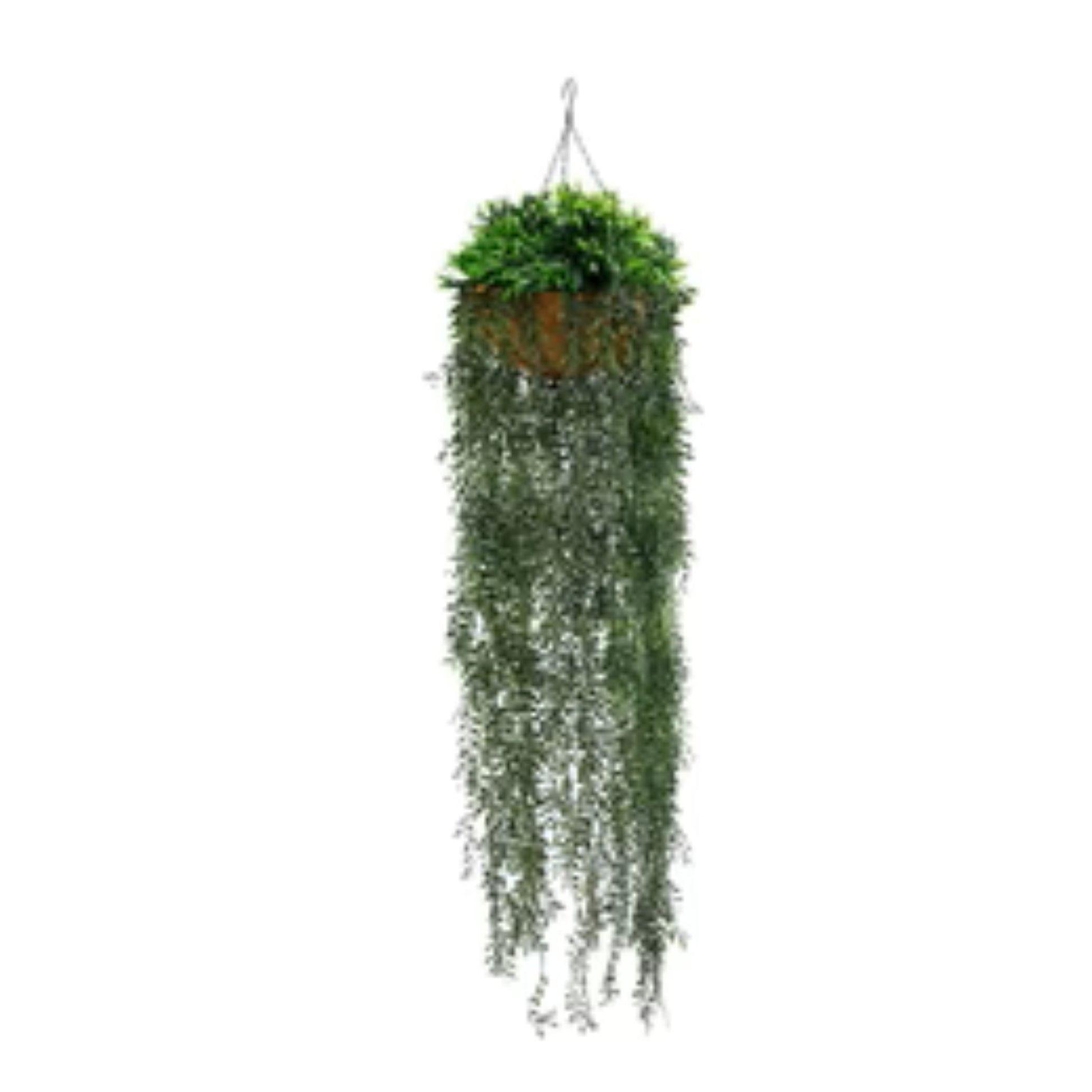 Artificial hanging fern basket with long cascading green foliage
