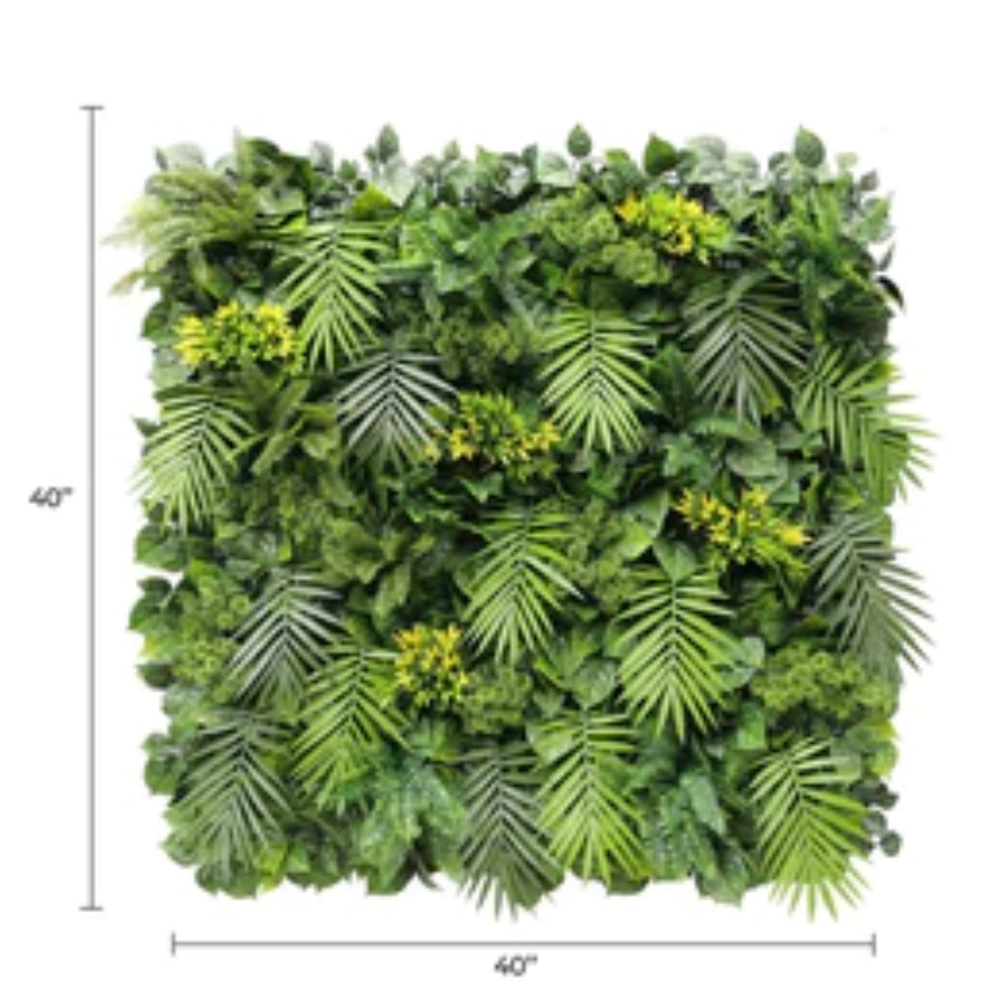 Commercial UV-resistant flowering tropical artificial greenery panel with dimensions.