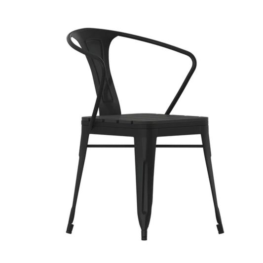 Angled view of weather-resistant stacking arm chair with vertical slat back and durable poly resin slats.
