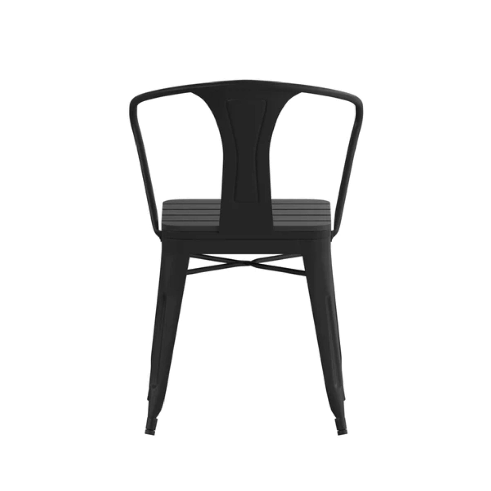 Back view of indoor/outdoor stacking arm chair featuring vertical slat back and poly resin seat.