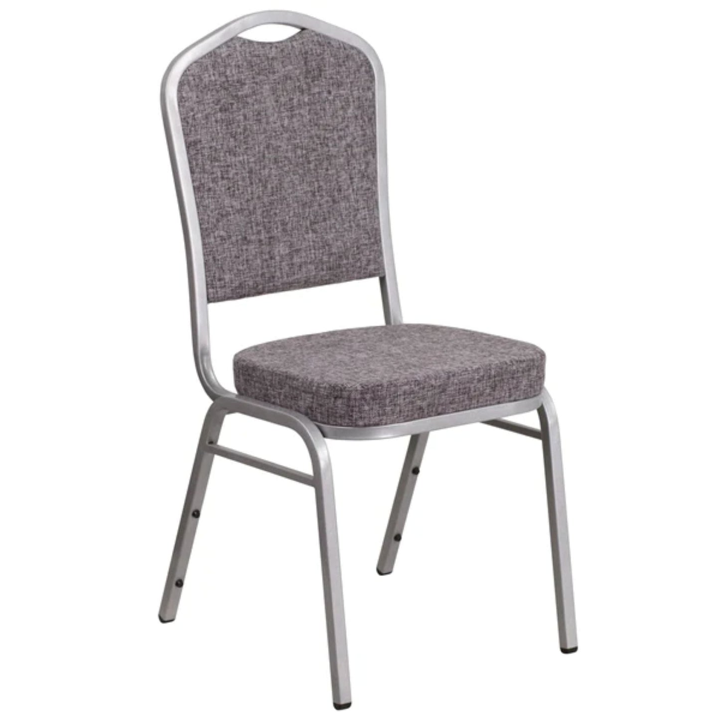 Crown back banquet chair with herringbone patterned fabric upholstery and a gold frame
