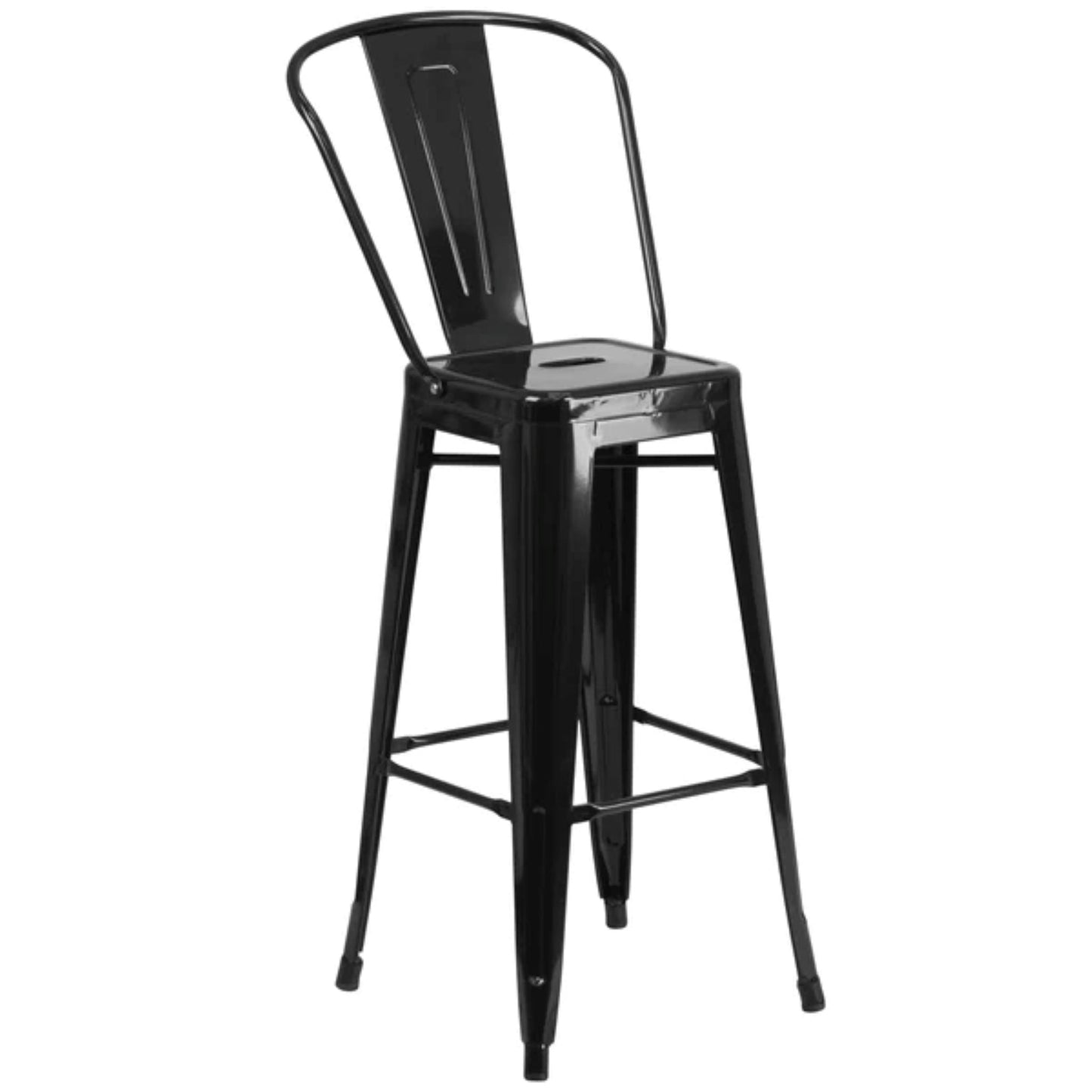 30-inch black metal indoor-outdoor barstool with slat back and removable backrest