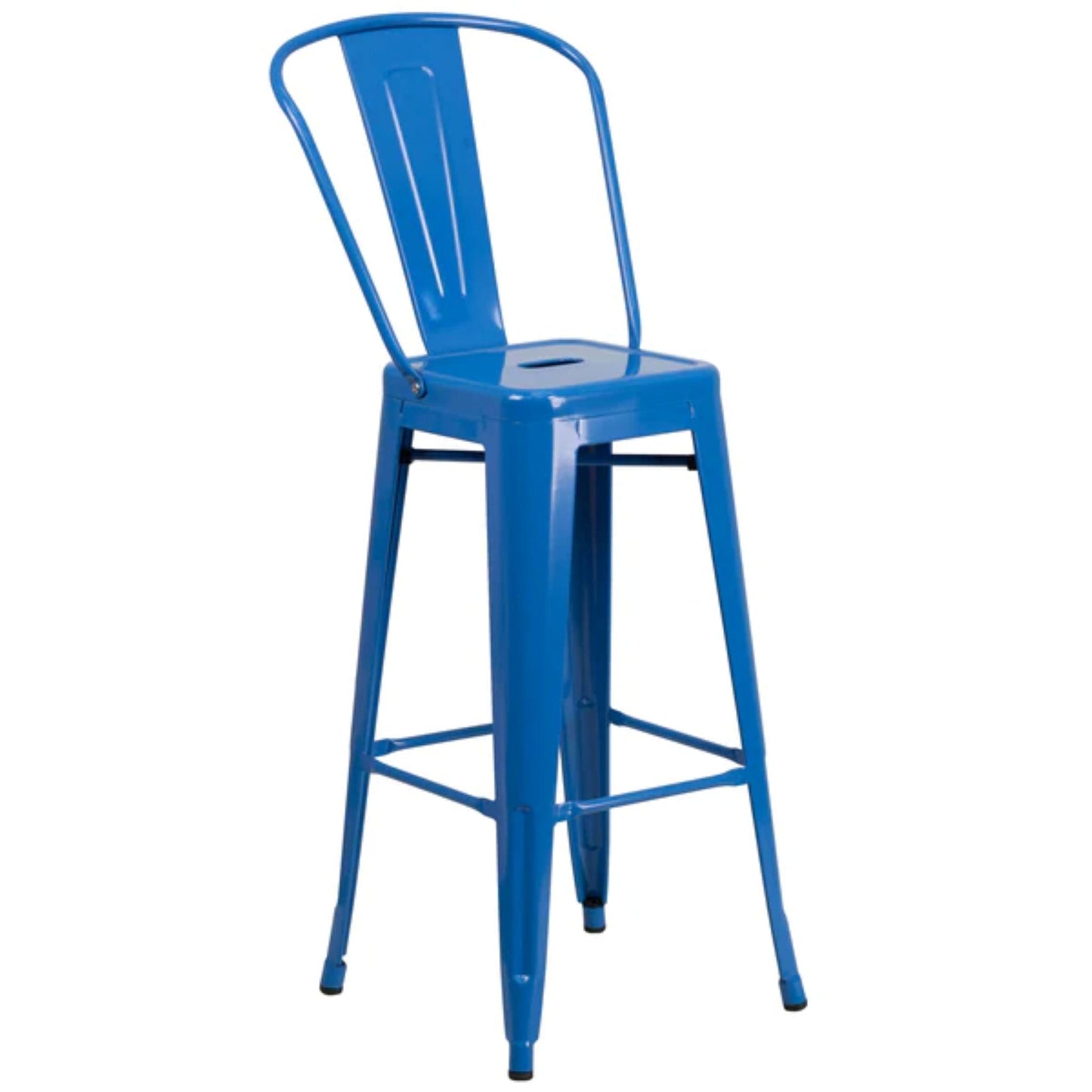 30-inch blue metal indoor-outdoor barstool with slat back and removable backrest