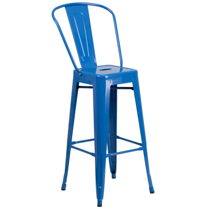 30-inch blue metal indoor-outdoor barstool with slat back and removable backrest