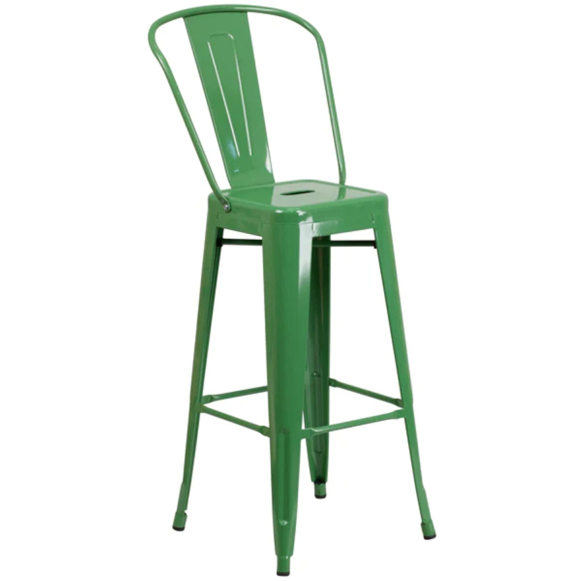 30-inch green metal indoor-outdoor barstool with slat back and removable backrest