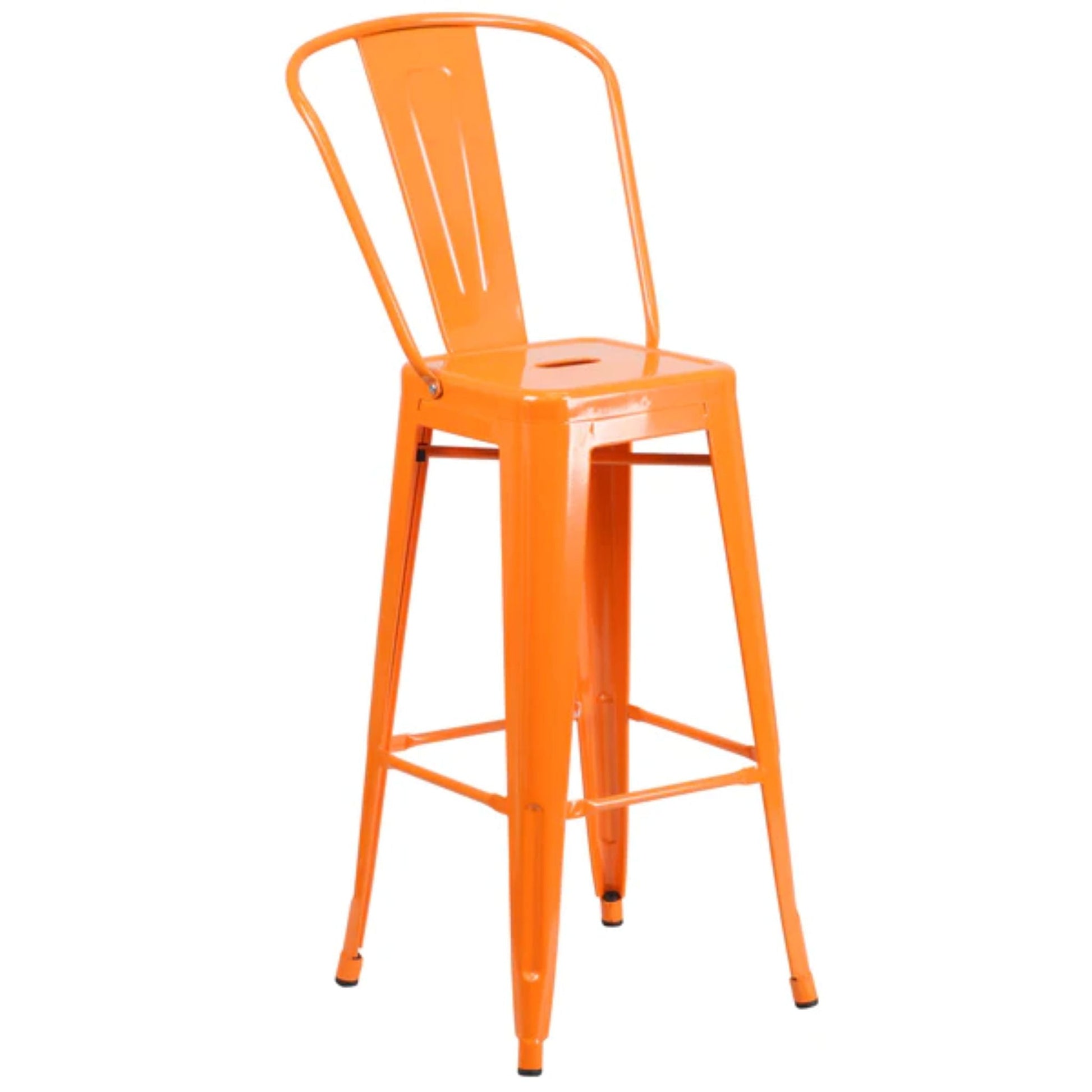 30-inch orange metal indoor-outdoor barstool with slat back and removable backrest