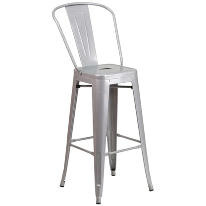 30-inch silver metal indoor-outdoor barstool with slat back and removable backrest