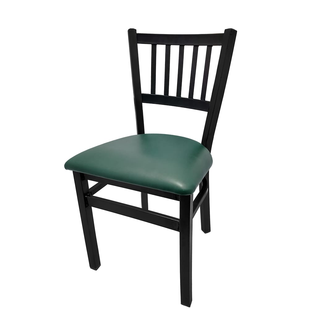 Dining chair with wood frame and hunter green vinyl seat.