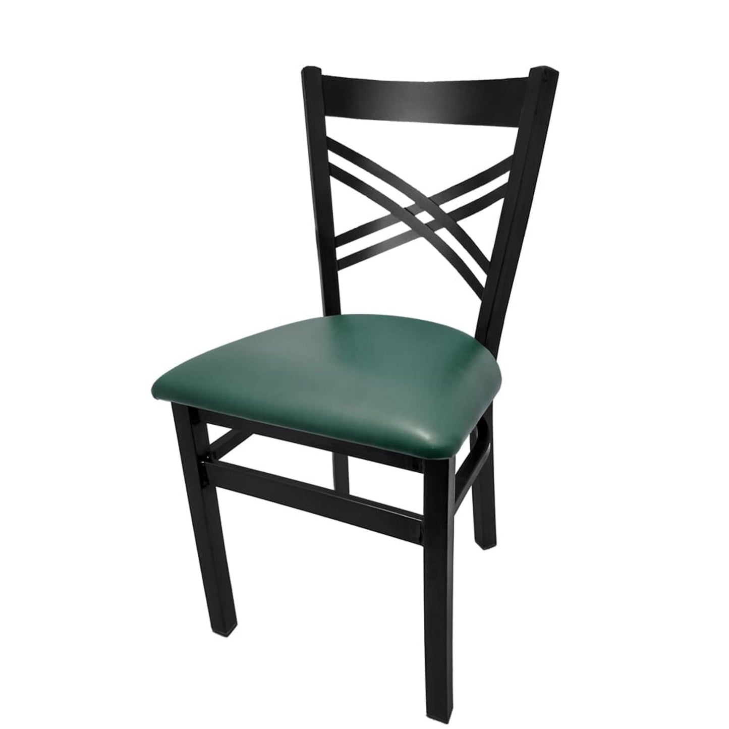 Crossback steel dining chair with black powder-coat frame and hunter green vinyl seat.