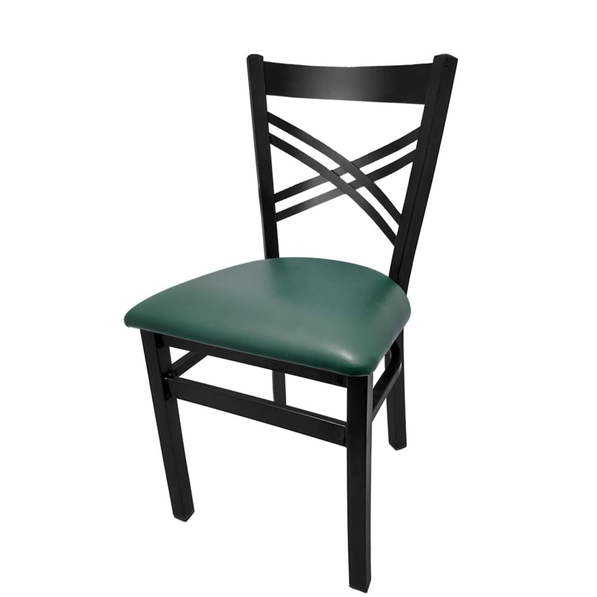 Crossback steel dining chair with black powder-coat frame and hunter green vinyl seat.