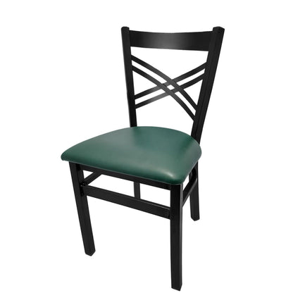 Crossback steel dining chair with black powder-coat frame and hunter green vinyl seat.