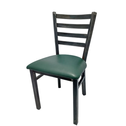 Rustic ladderback metal dining chair with clear coat industrial steel frame and hunter green vinyl seat.