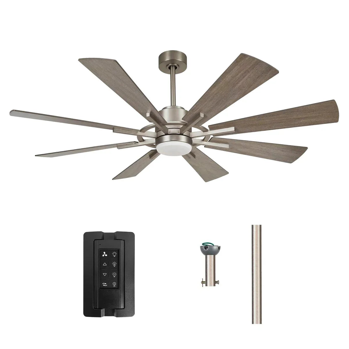 Modern nickel finish ceiling fan with remote control and energy-efficient LED light