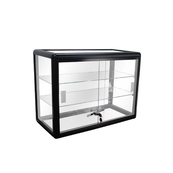 Aluminum framed glass countertop display case in black medium gloss finish with two interior glass shelves.