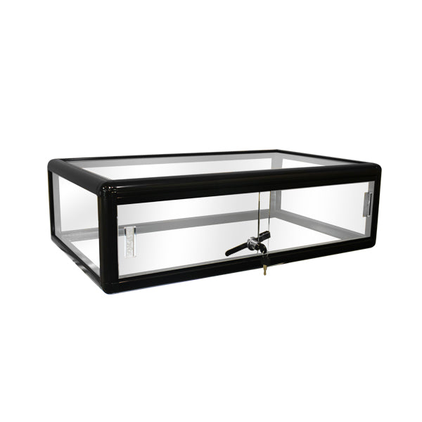 Low-profile flat aluminum framed countertop display case with clear glass top, black gloss finish, and locking front panel.