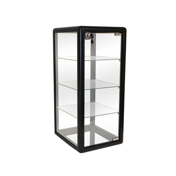 Aluminum-framed countertop display case in black gloss finish with clear viewing panels and vertical design