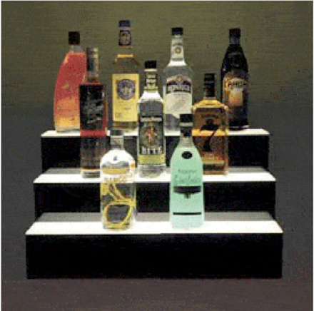 13"H x 24"W x 12.5"D<br>
Black acrylic bar display with<br>
translucent stair tops illuminate<br>
spirits. 24" wide display holds up to<br>
21 bottles on three steps<br>
JA8801<br>
$277.00