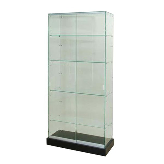 Large frameless glass display tower case with black base, four fixed glass shelves, and locking hinged door – front view.