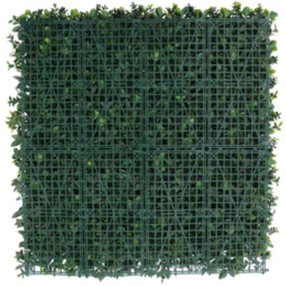 Close-up of green foliage with purple lavender accents on artificial wall panel back view