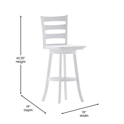 Commercial-grade ladderback bar height stool with 360-degree swivel and solid hardwood frame with dimensions