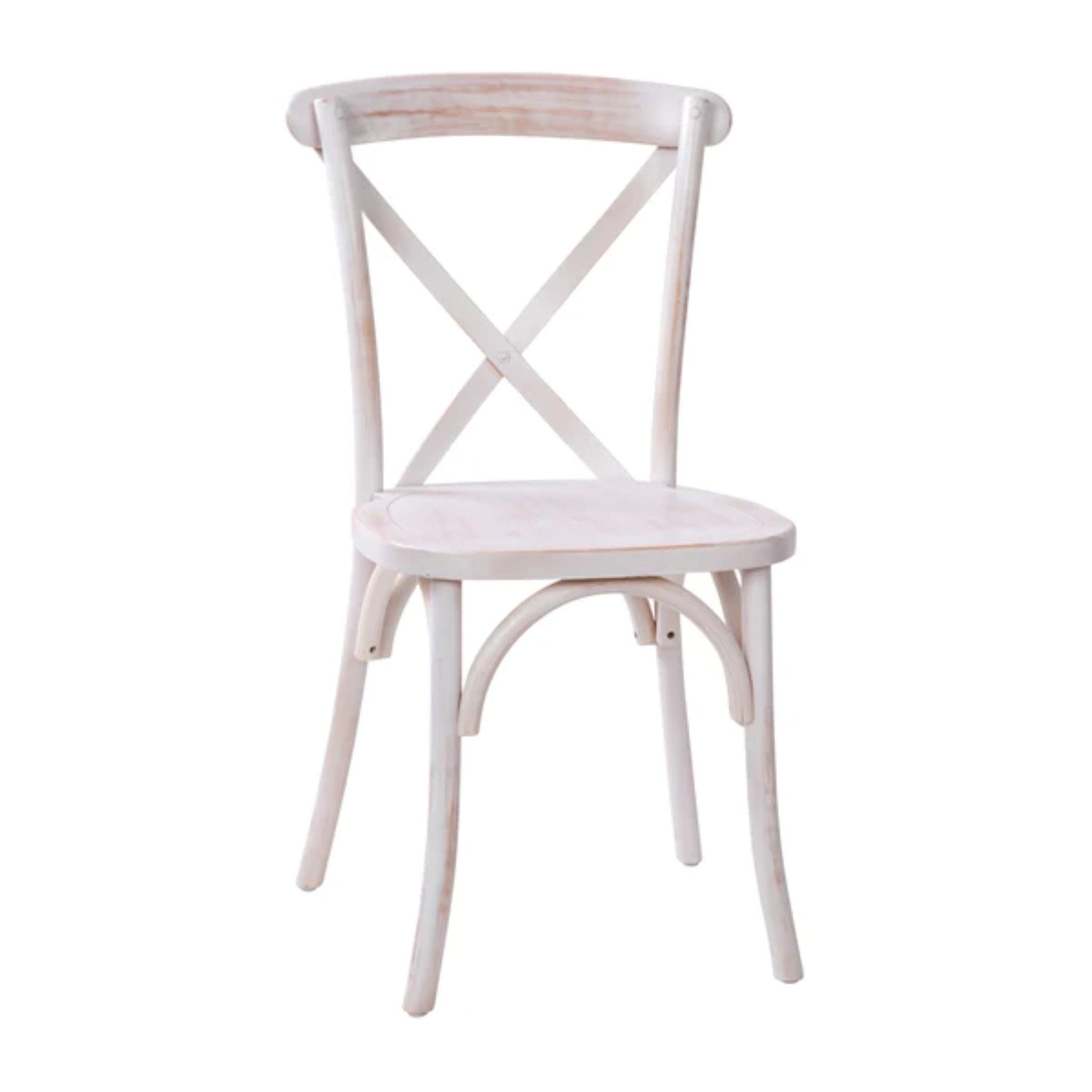 Elm wood X-Back dining chair in lime wash finish with soft, vintage patina.