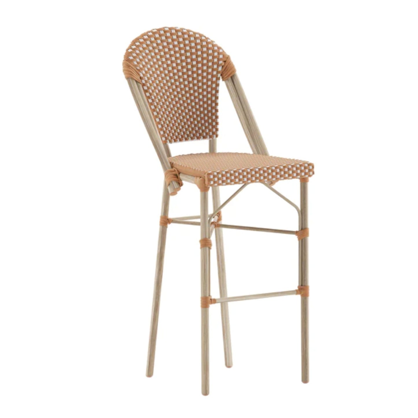 Lourdes commercial bistro 30-inch bar height stool with natural and white PE rattan seat and back