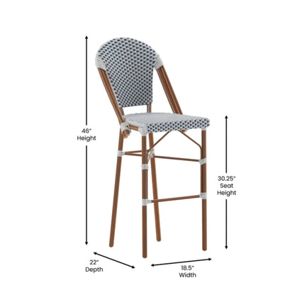 Stackable indoor outdoor bistro bar stool with white and navy woven rattan and bamboo-print frame with dimensions