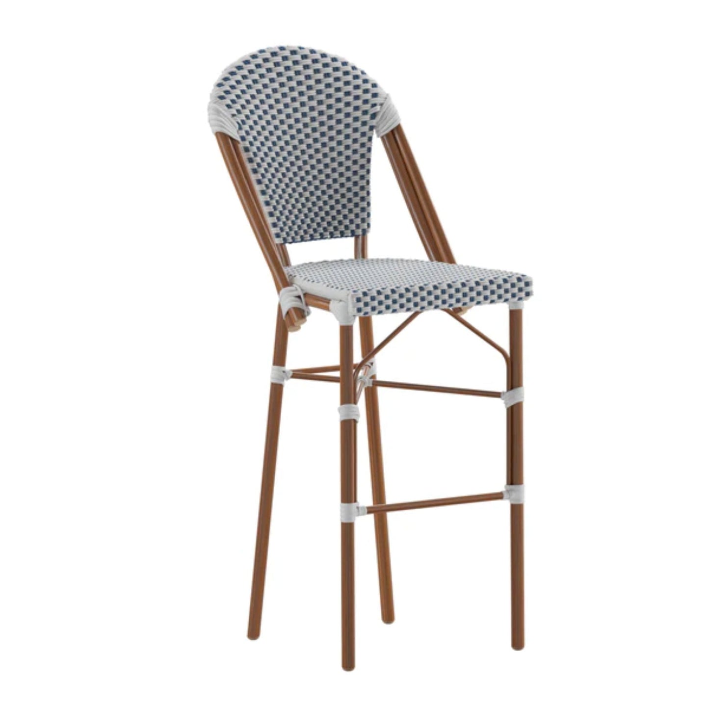 Lourdes commercial bistro 30-inch bar height stool with white and navy PE rattan seat and back