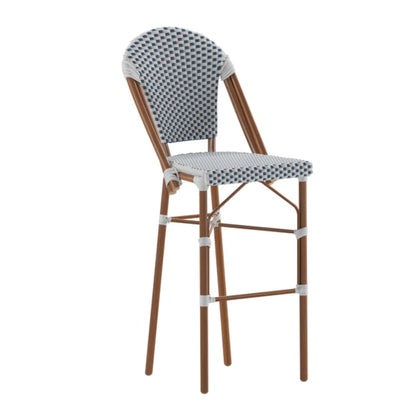 Lourdes commercial bistro 30-inch bar height stool with white and navy PE rattan seat and back