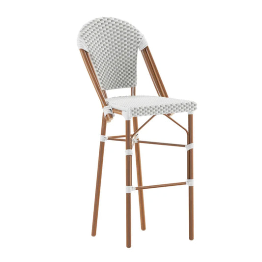 Lourdes commercial bistro 30-inch bar height stool with white and gray PE rattan seat and back