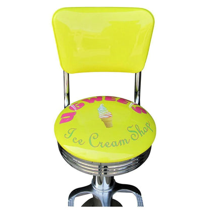 Floor-mounted bar stool with round padded swivel seat, dual back posts, and optional logo panel shown from the front