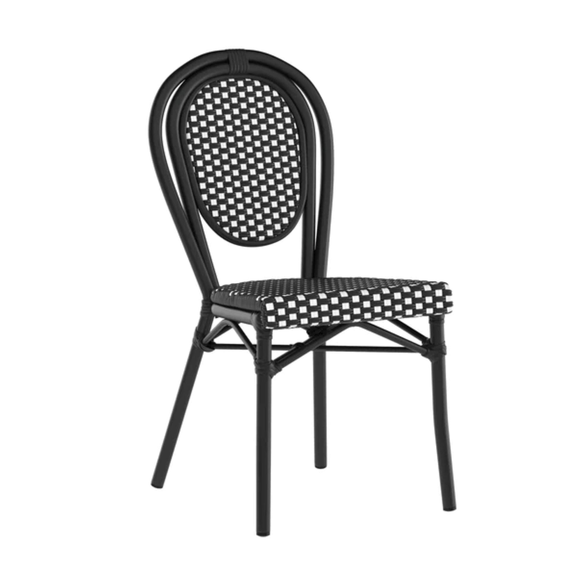Parisian-style stacking chair with black-and-white woven rattan and matte black metal frame.