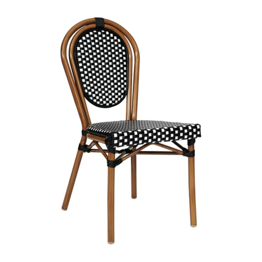 Parisian café chair with black-and-white woven rattan and bamboo-look metal frame.