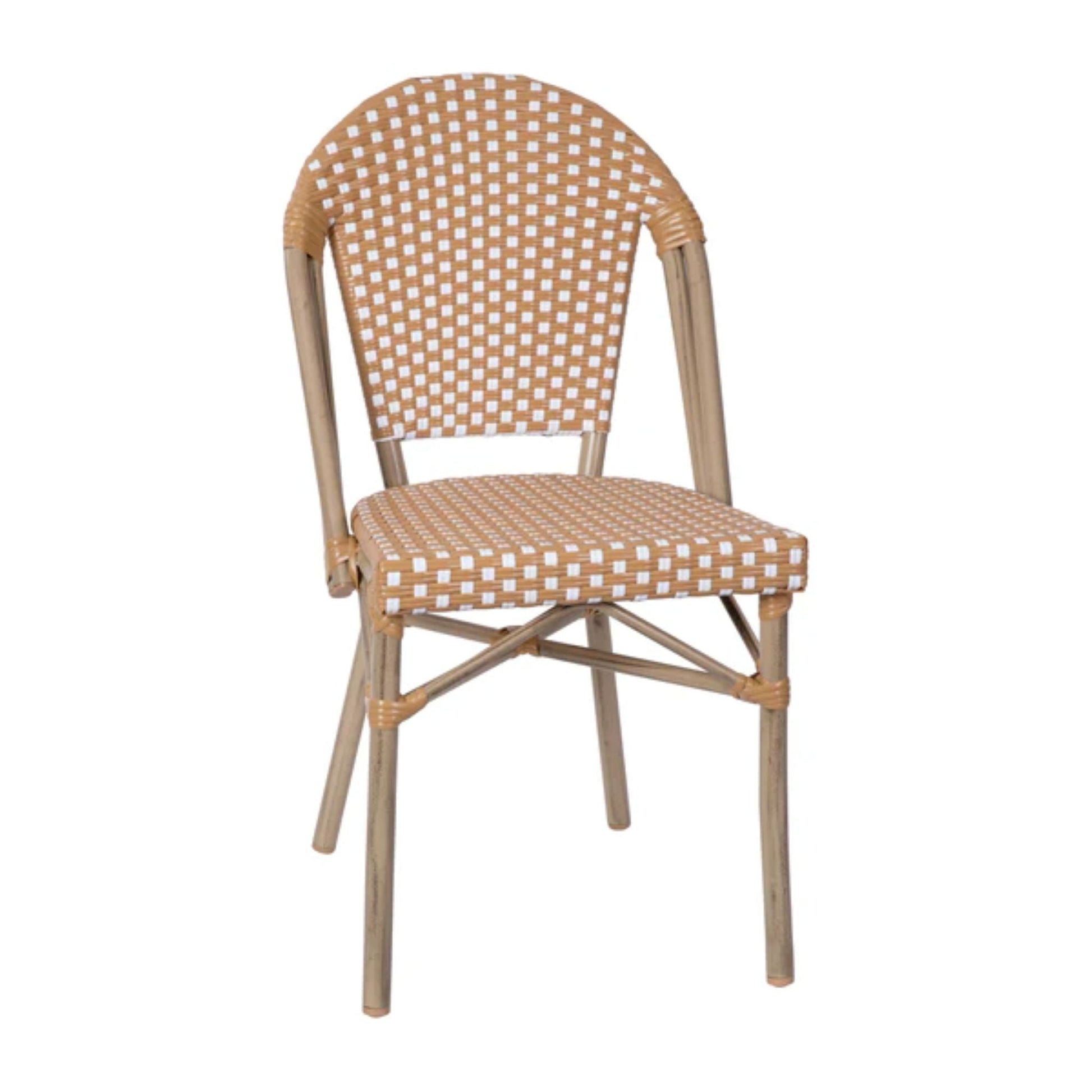 Front view of natural-white PE rattan bistro chair with bamboo-print aluminum frame for restaurant or patio use.