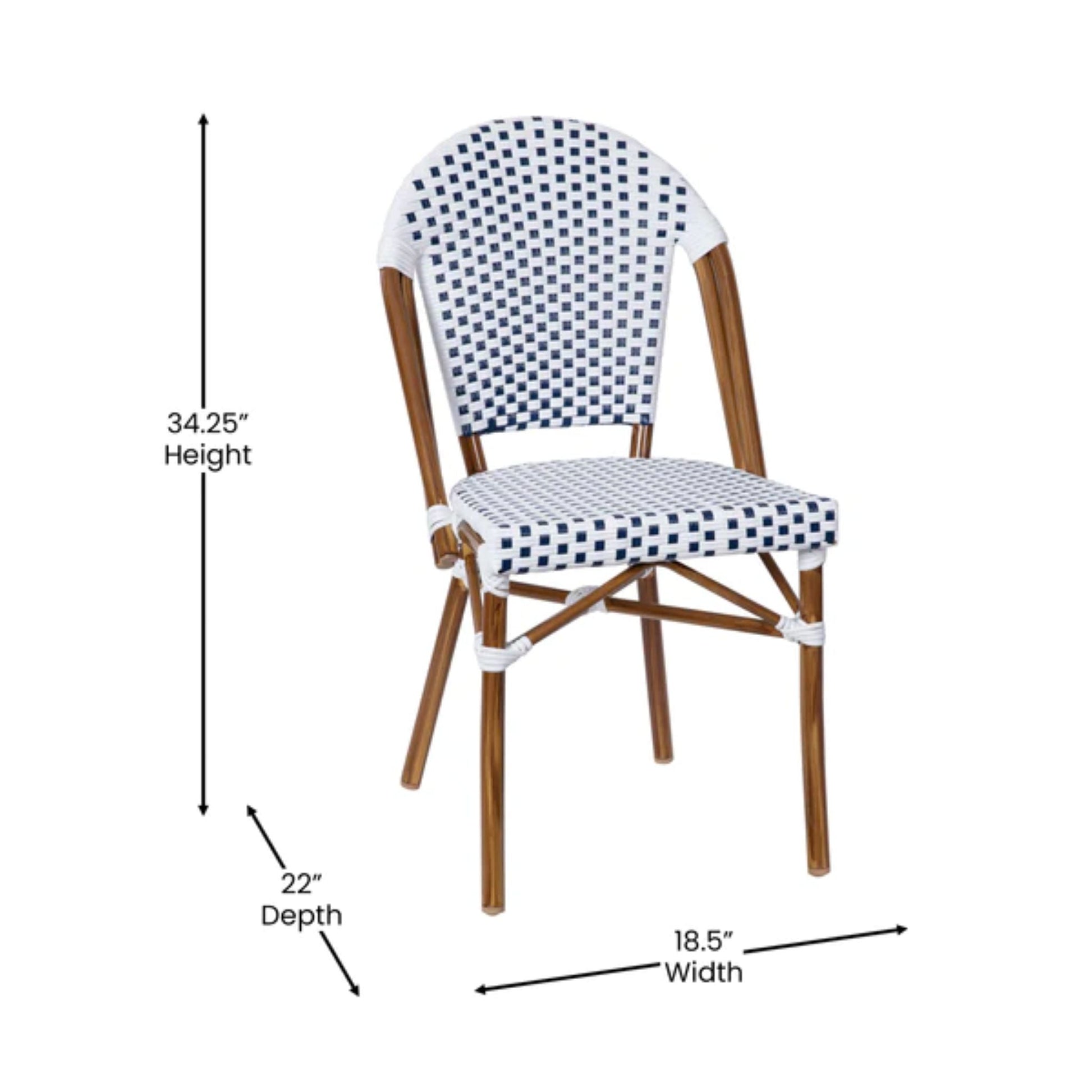 Front view of white-navy PE rattan bistro chair with bamboo-look aluminum frame designed for indoor or outdoor commercial seating with dimensions