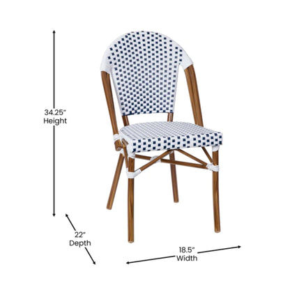 Front view of white-navy PE rattan bistro chair with bamboo-look aluminum frame designed for indoor or outdoor commercial seating with dimensions