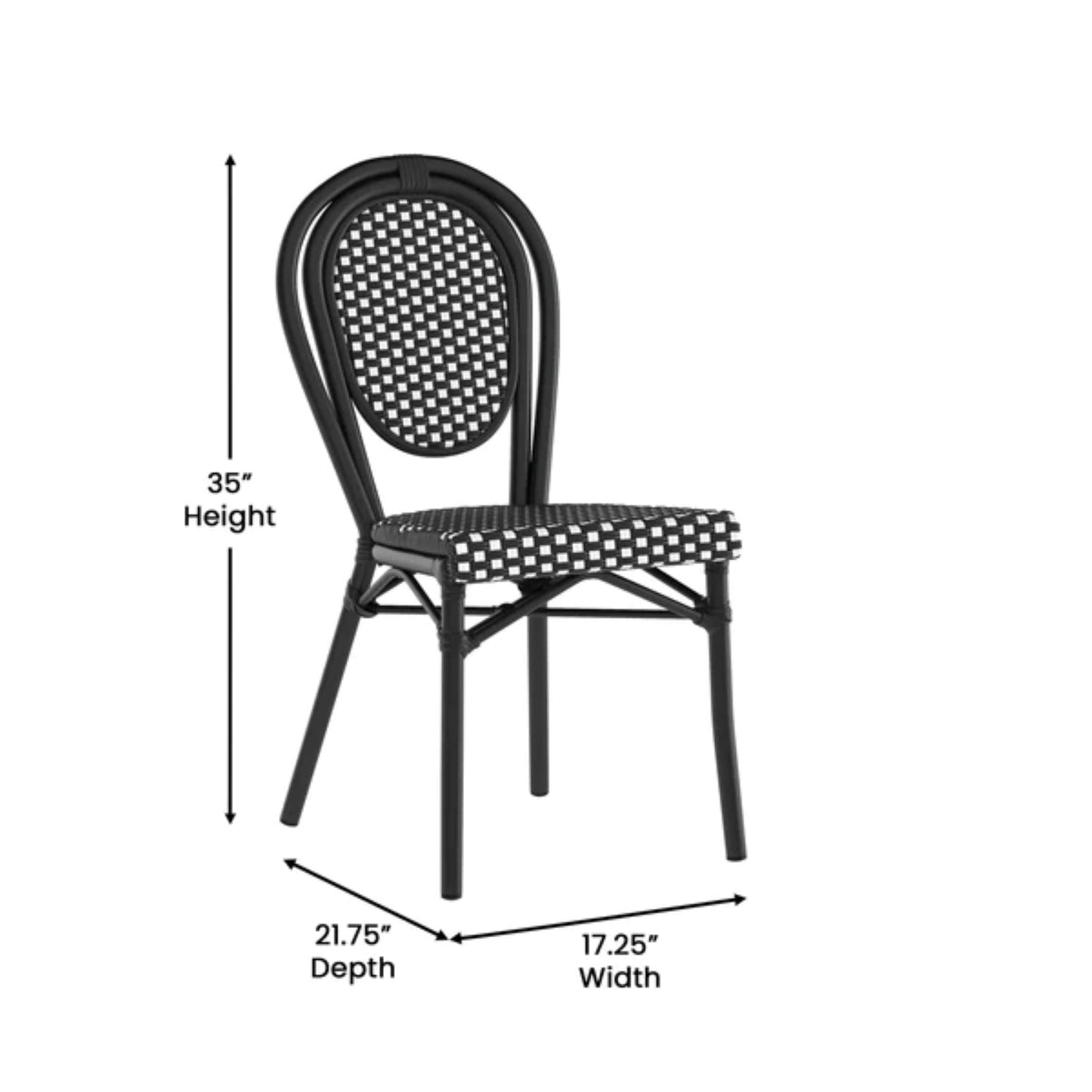 Bistro-style indoor/outdoor chair with black-and-white PE rattan seat and back and black aluminum frame.