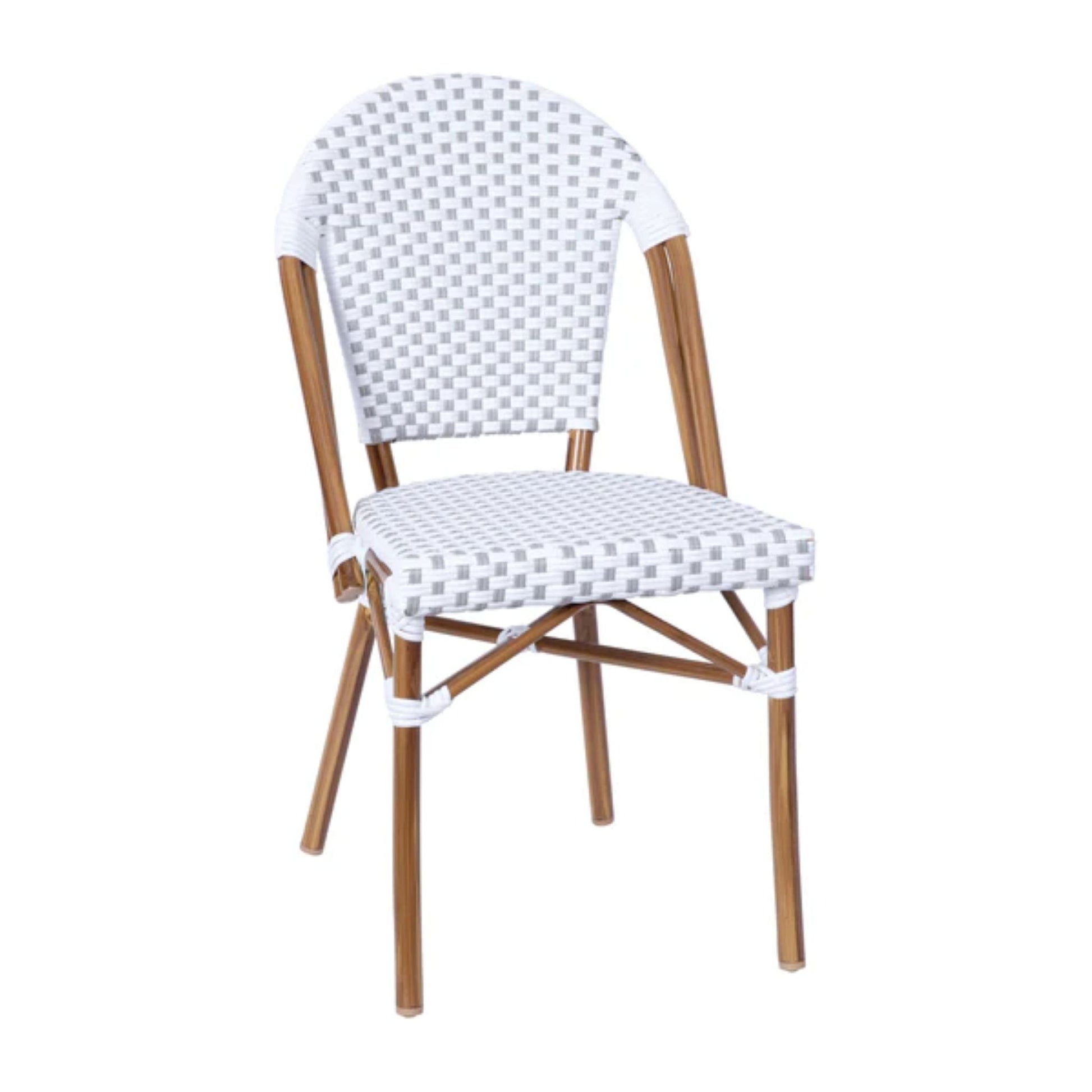 Front view of white-gray PE rattan bistro chair with bamboo-print aluminum frame for indoor or outdoor seating.