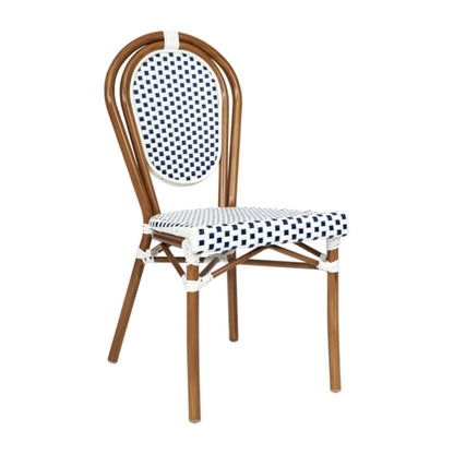 Café chair featuring navy-and-white woven rattan and natural-tone metal frame.